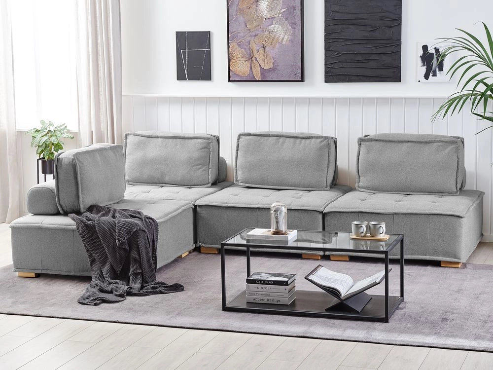 Divano Angolare Tessuto Poliestere Grigio 300 x 200 cm Imbottito 4 Posti Modulare A Forma Di L Scandinavo Moderno