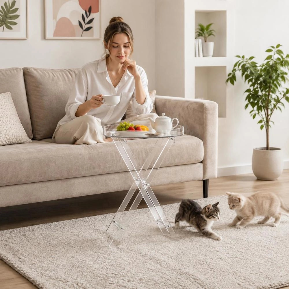 Clear Acrylic Side Table, X-Leg Stable Structure, Portable Round Coffee Table, Easy Assembly Space Saving, For Balcony Patio Camping, 40 Cm Diameter