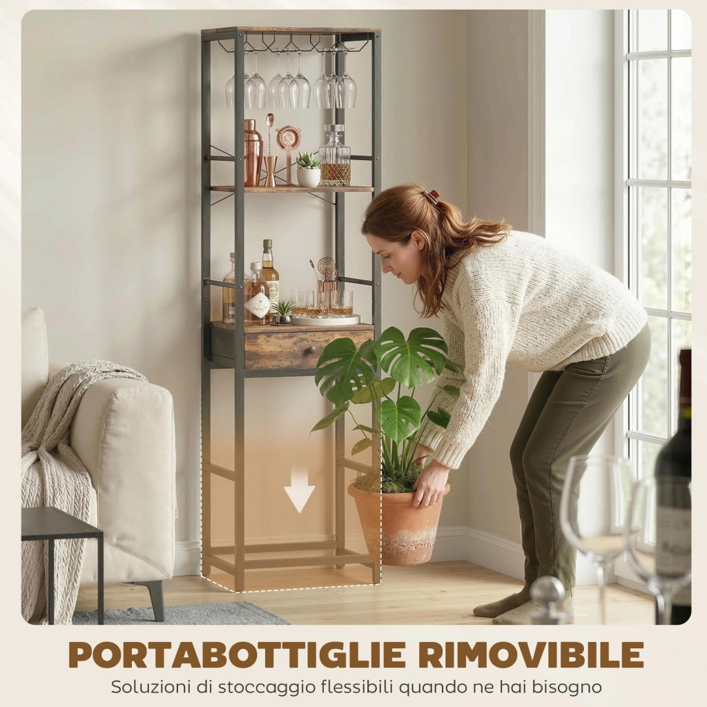 Mobile Bar Portabottiglie 40x30x148 cm Capacità 12 Bottiglie con Cassetto e Portabicchieri Struttura in Metallo Marrone