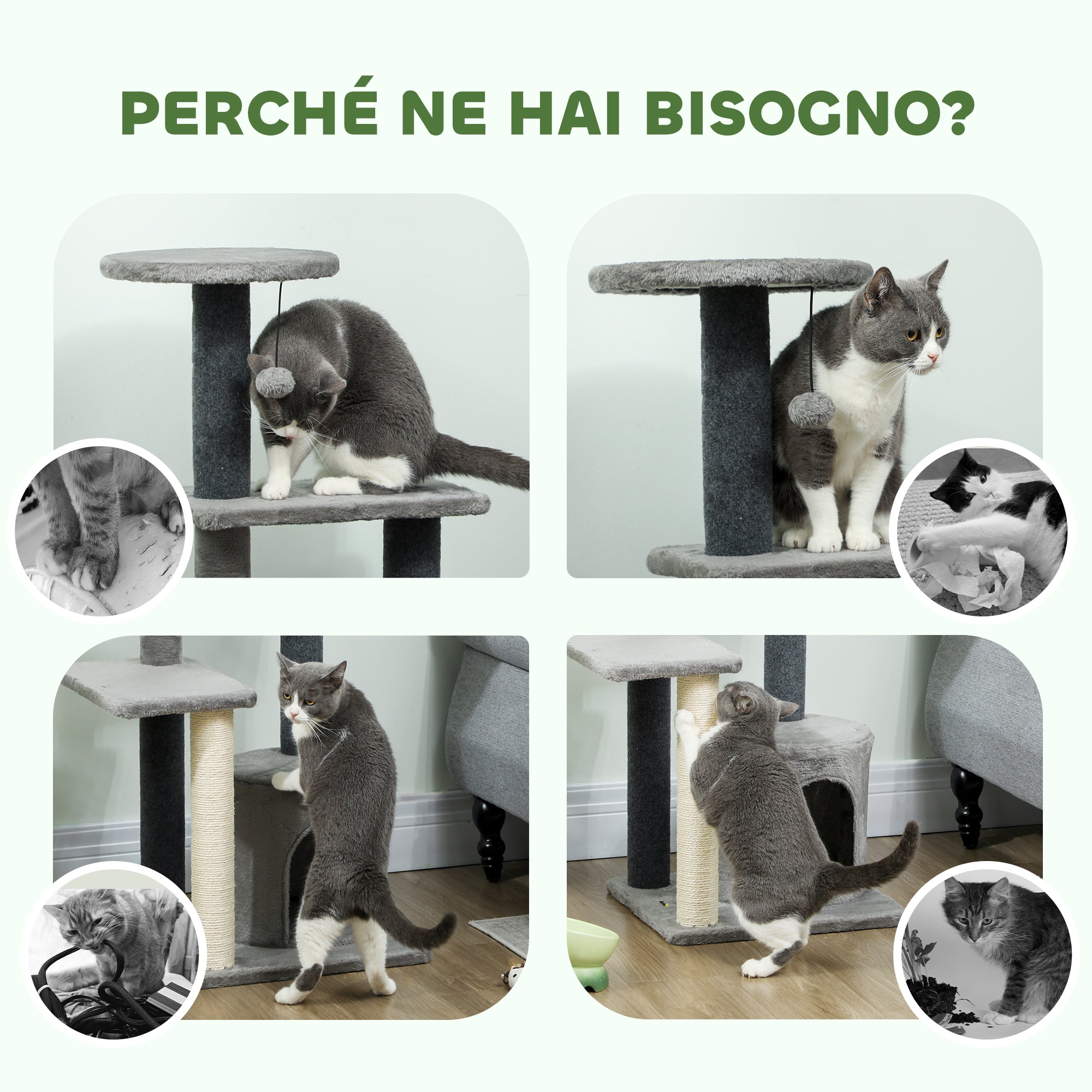 Albero per Gatti Multilivello 103 cm con Cuccia e Tiragraffi in Sisal Grigio