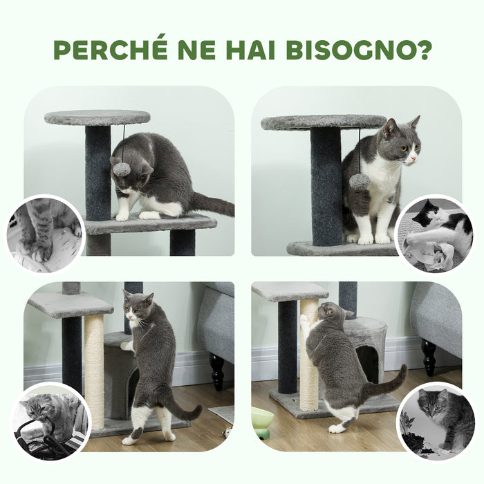 Albero per Gatti Multilivello 103 cm con Cuccia e Tiragraffi in Sisal Grigio