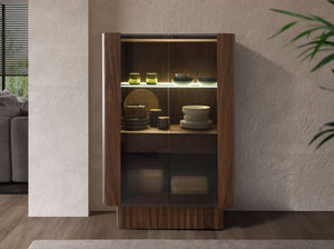 Credenza alta in vetro temperato, noce con illuminazione interna