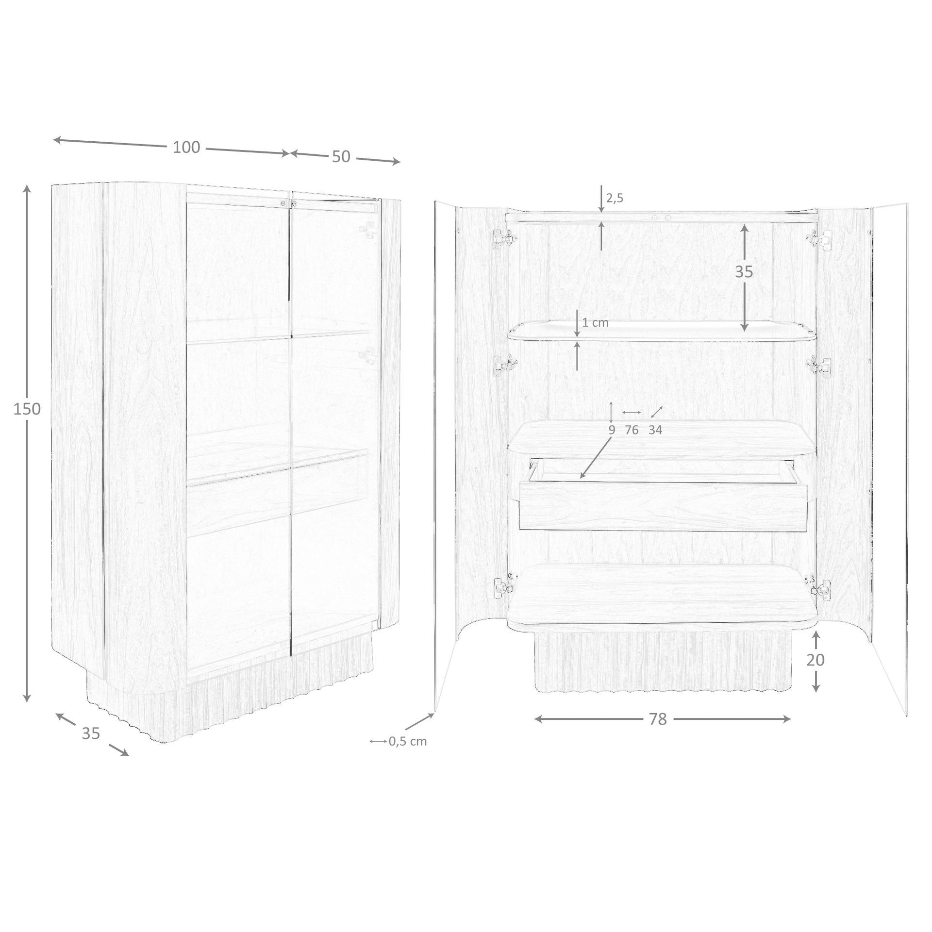Credenza alta in vetro temperato, noce con illuminazione interna