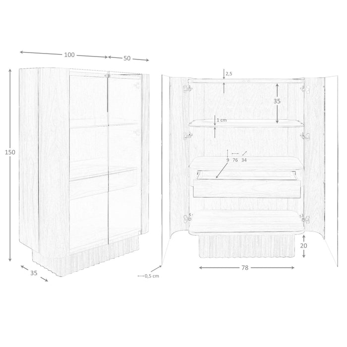 Credenza alta in vetro temperato, noce con illuminazione interna