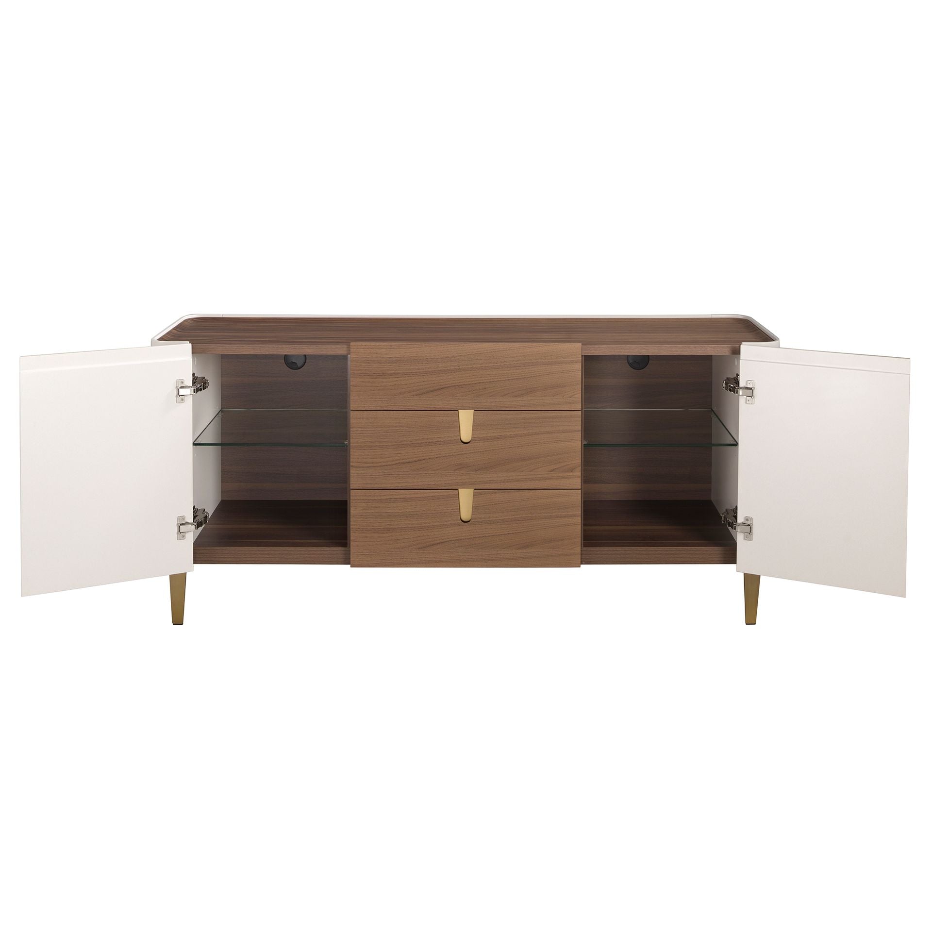 Credenza in noce, beige, acciaio lucido dorato e piano in noce