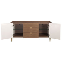 Credenza in noce, beige, acciaio lucido dorato e piano in noce