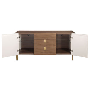 Credenza in noce, beige, acciaio lucido dorato e piano in noce