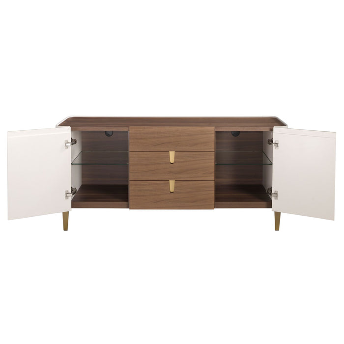 Credenza in noce, beige, acciaio lucido dorato e piano in noce