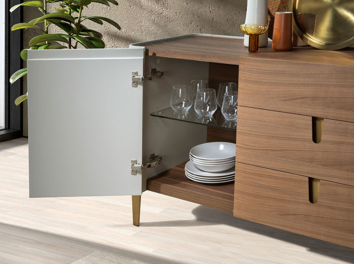 Credenza in noce, beige, acciaio lucido dorato e piano in noce