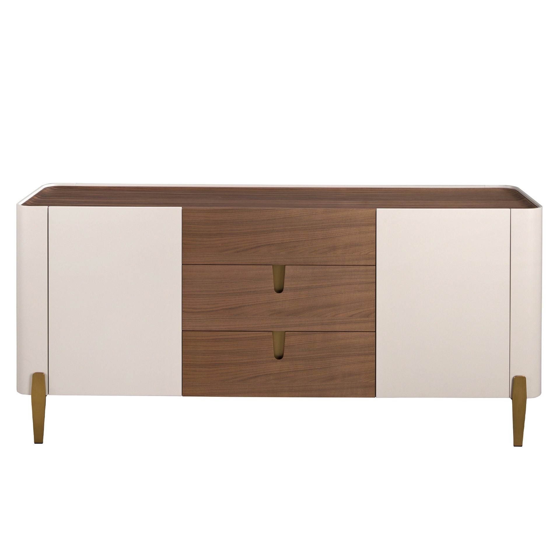 Credenza in noce, beige, acciaio lucido dorato e piano in noce