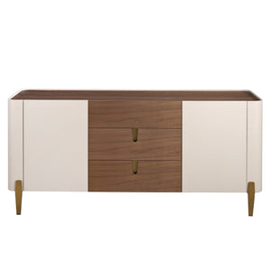 Credenza in noce, beige, acciaio lucido dorato e piano in noce
