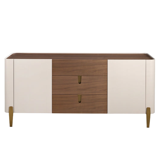 Credenza in noce, beige, acciaio lucido dorato e piano in noce