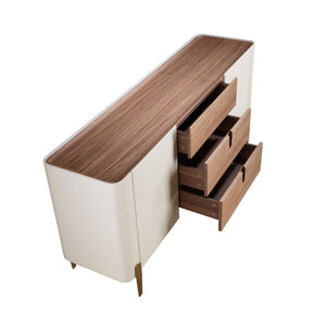 Credenza in noce, beige, acciaio lucido dorato e piano in noce