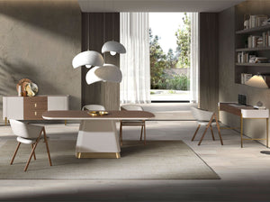 Credenza in noce, beige, acciaio lucido dorato e piano in noce