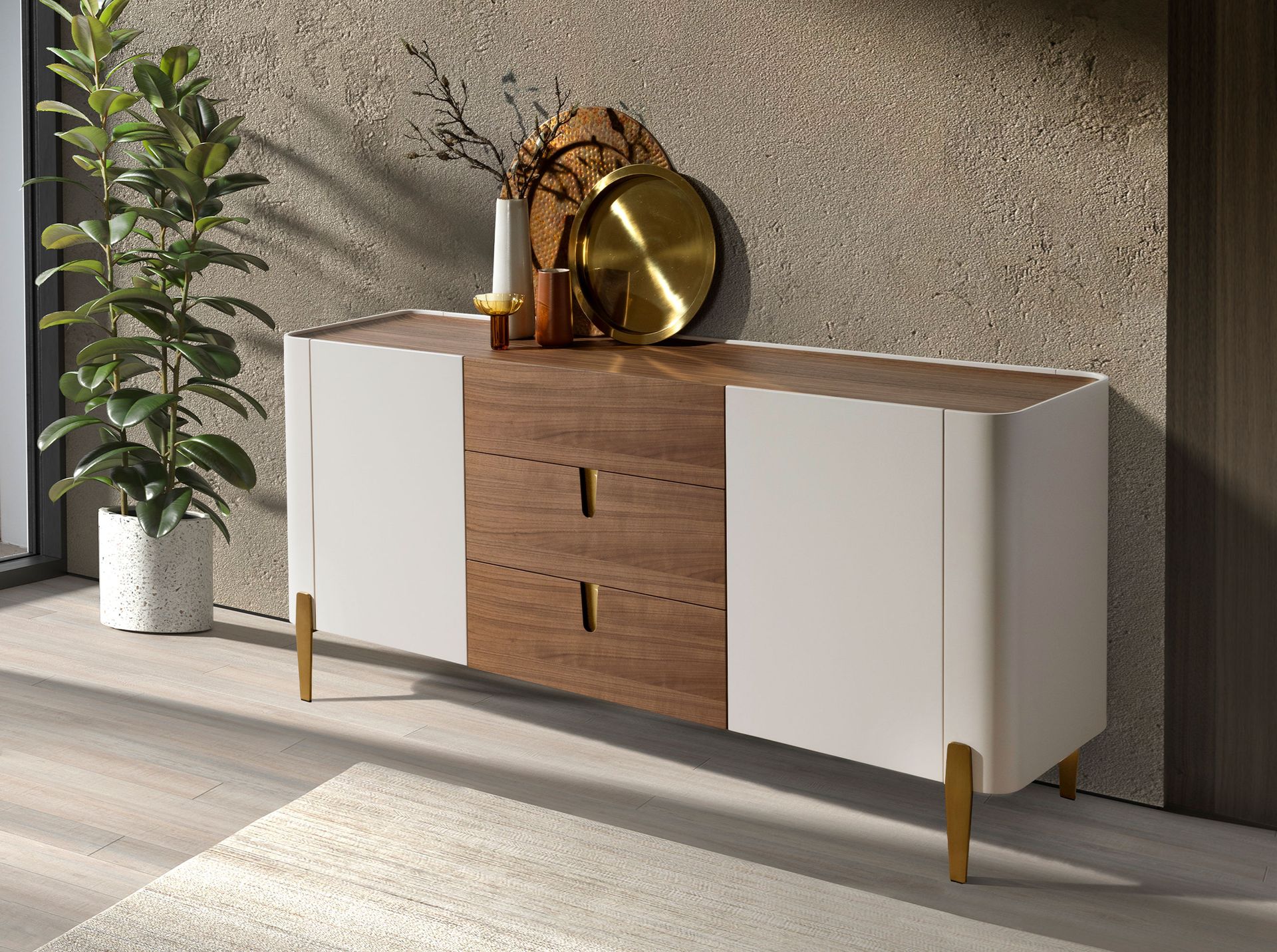 Credenza in noce, beige, acciaio lucido dorato e piano in noce