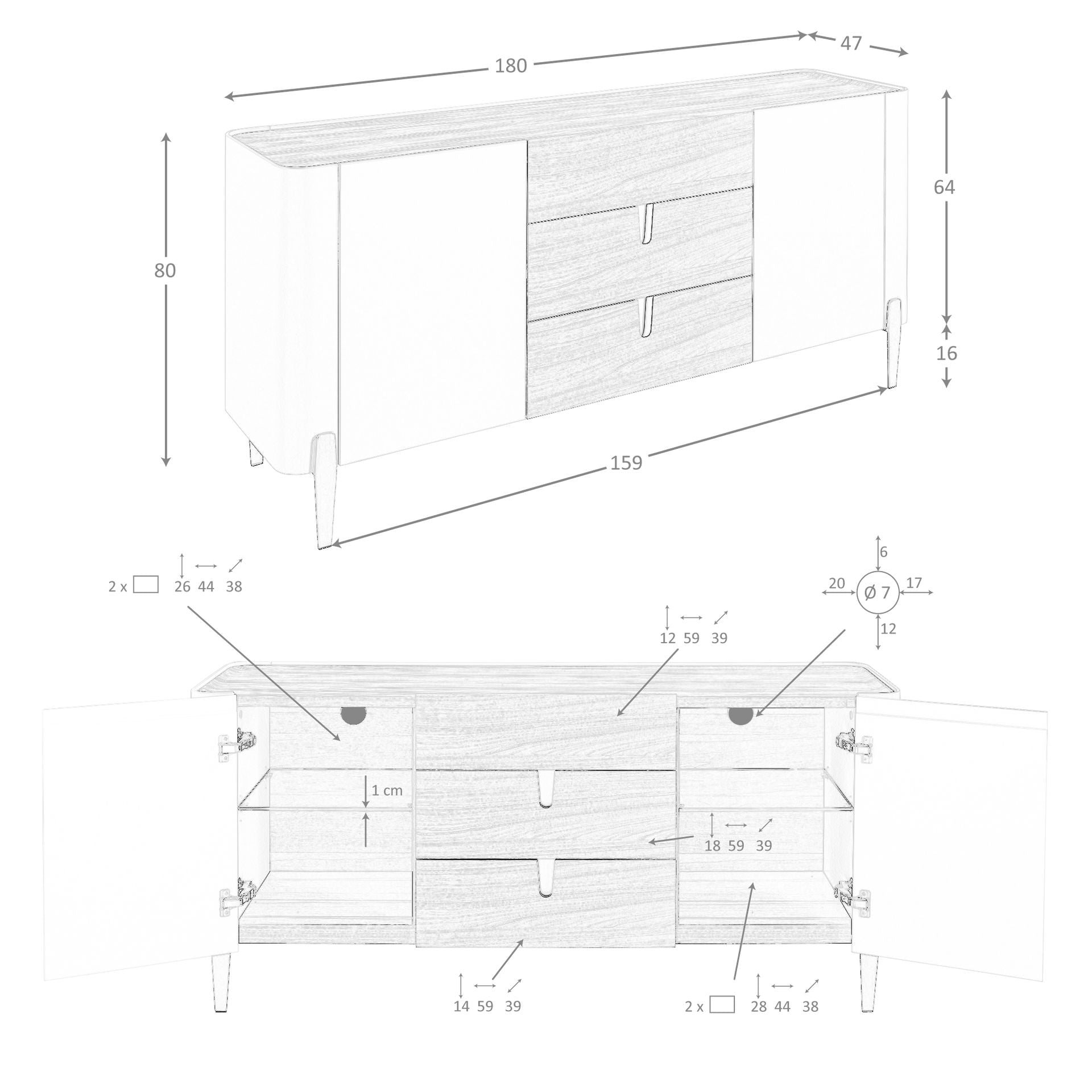 Credenza in noce, beige, acciaio lucido dorato e piano in noce