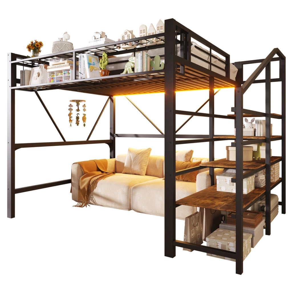 Letto a soppalco 140x200 cm con scaffale a gradini; vano portaoggetti e LED; in MDF e metallo nero