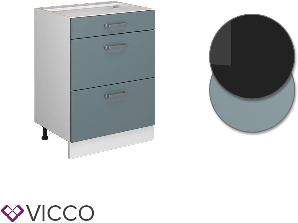 Mobiletto base per cucina R-Line, Grigio-blu, 60 cm con cassetti, senza piano di lavoro, per la libera combinazione all'interno di sistemi cucina modulari
