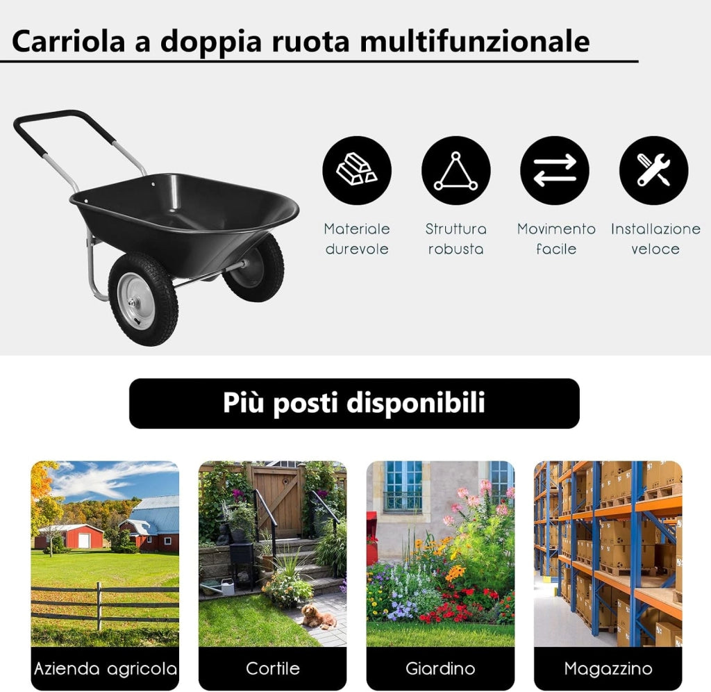 Carriola con 2 Ruote da Giardino, Carrello Resistente con Struttura in Acciaio Robusto, Ruote Pneumatiche 35,5 cm, Capacità 75L, Portata Max 100 kg (Nero)