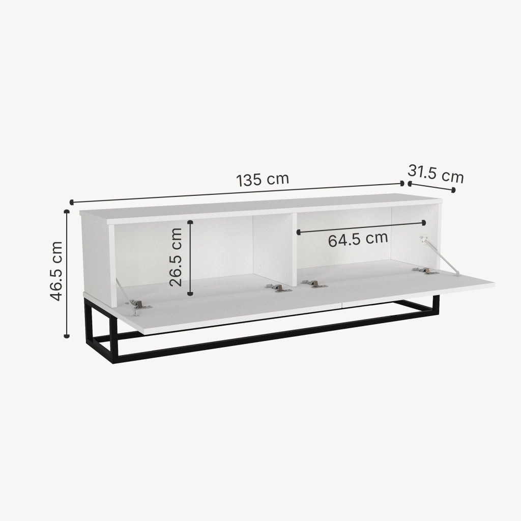 Mobile Porta TV Nolven a 2 Ante Ribalta e Telaio Lungo in Metallo 135x32x47 cm - Bianco [en.casa]