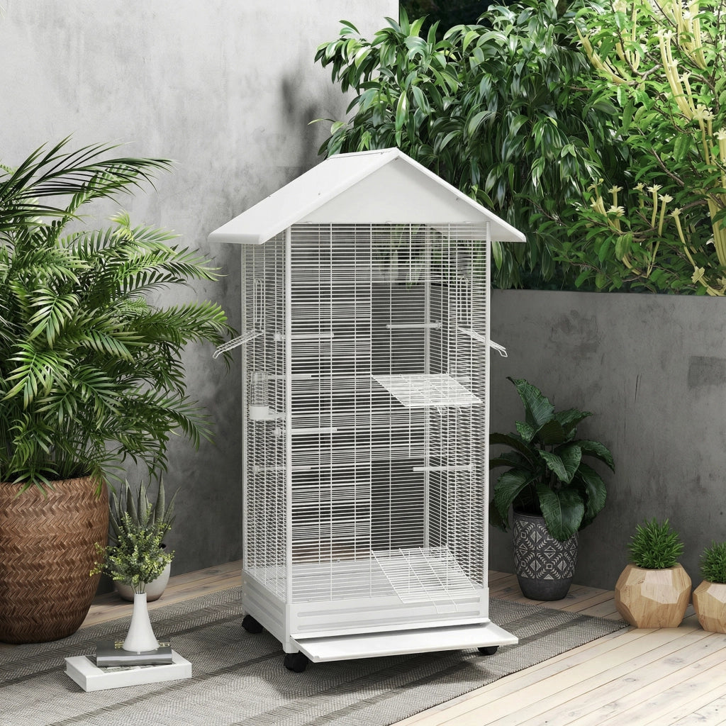 Gabbia per Uccelli Voliera 79x65x155 cm con Ruote in Acciaio Bianco