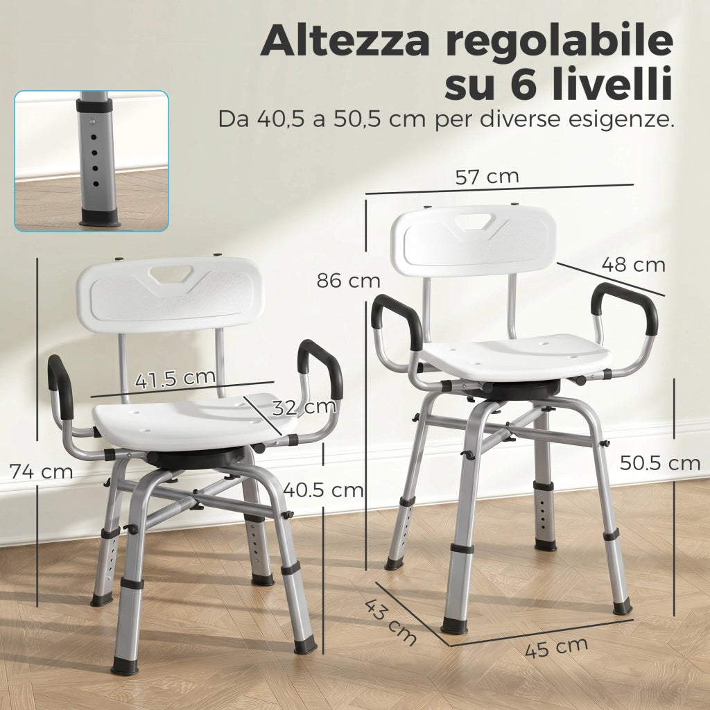 Sedia da doccia girevole regolabile con braccioli e schienale ¨C zephmum ¨C Bianco, 150 kg