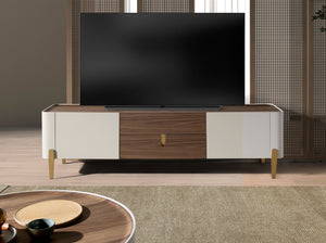 Porta TV in legno beige, acciaio lucido dorato e piano in noce