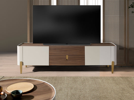 Porta TV in legno beige, acciaio lucido dorato e piano in noce