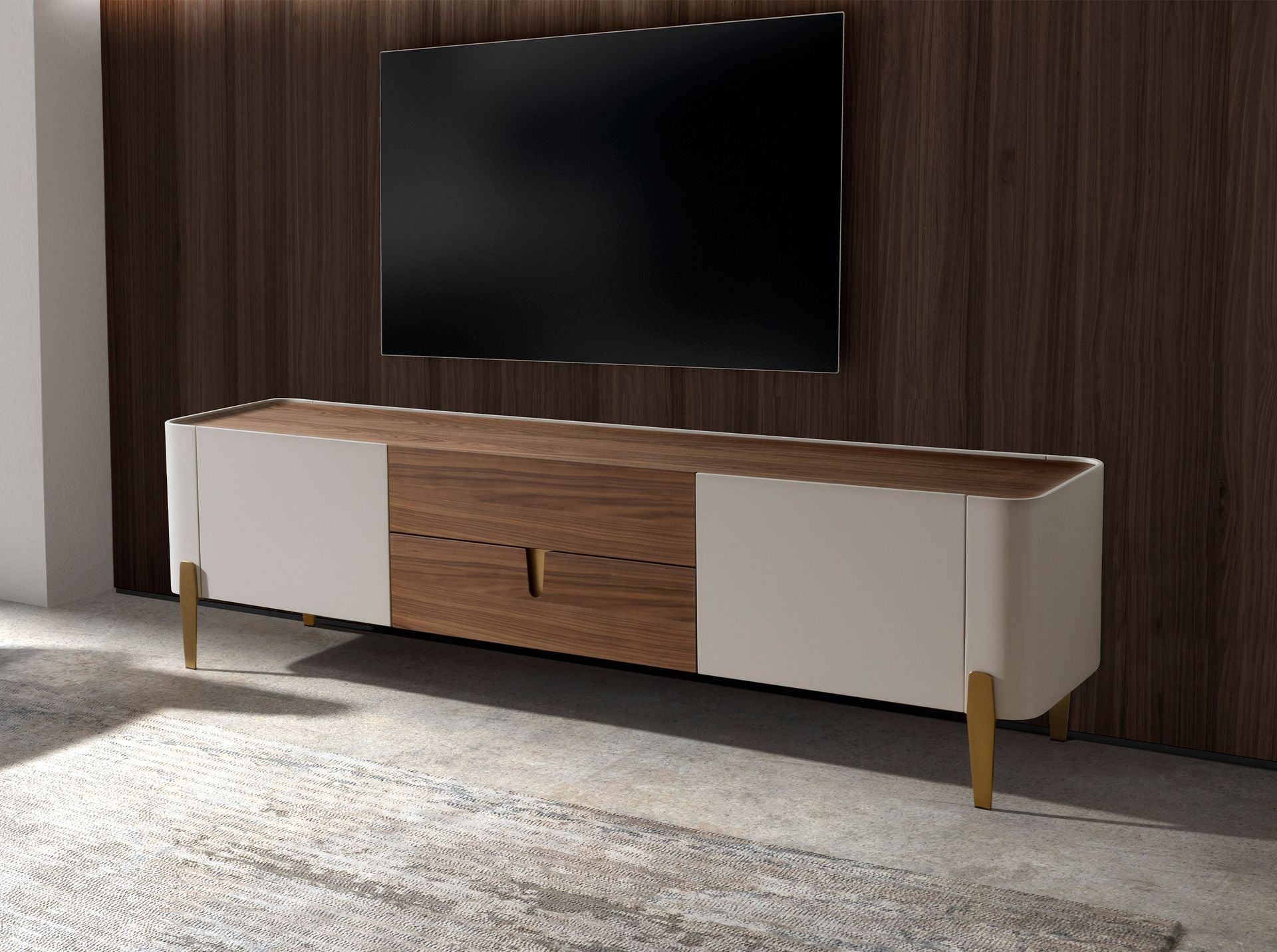 Porta TV in legno beige, acciaio lucido dorato e piano in noce