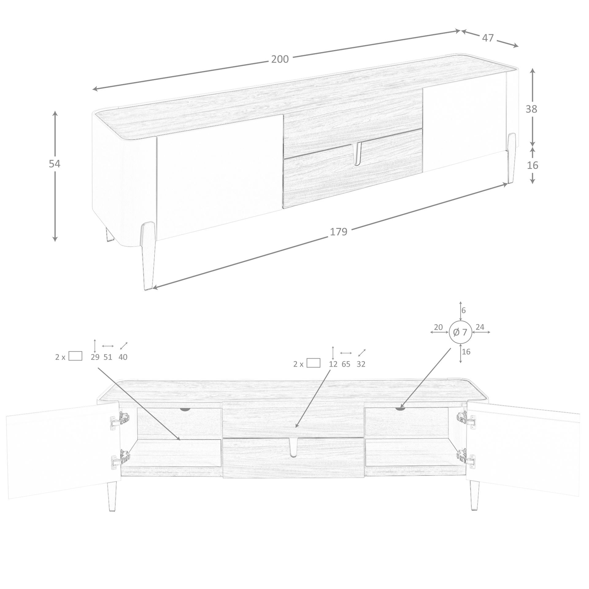 Porta TV in legno beige, acciaio lucido dorato e piano in noce