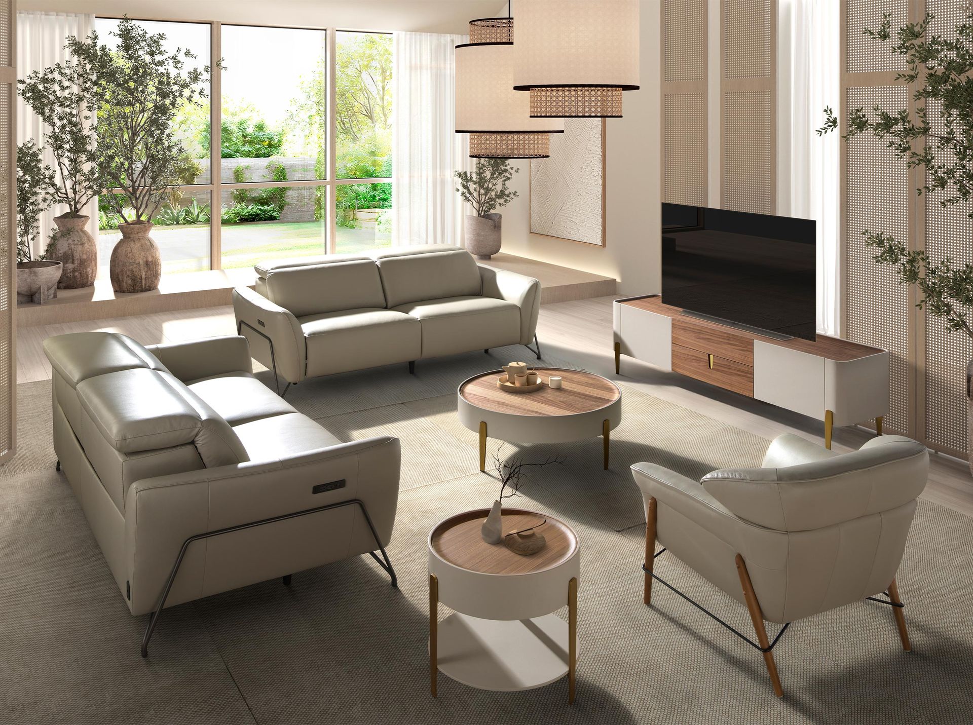 Porta TV in legno beige, acciaio lucido dorato e piano in noce