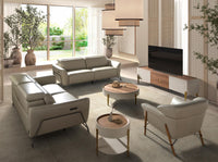 Porta TV in legno beige, acciaio lucido dorato e piano in noce