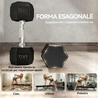 Set di 2 Manubri da 6 kg Esagonali con Presa Antiscivolo e Rivestimento in Gomma, Nero