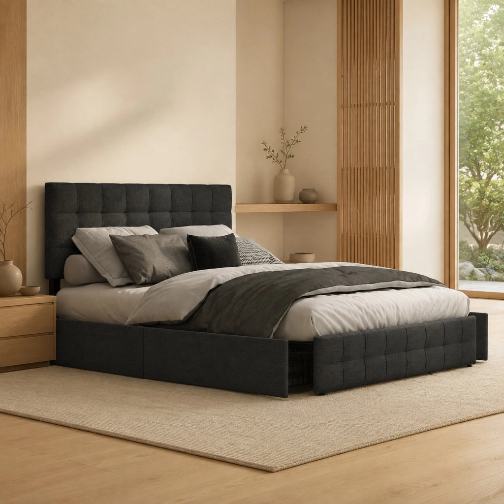Letto matrimoniale contenitore 140x200 cm in lino nero con 4 cassetti e testiera regolabile