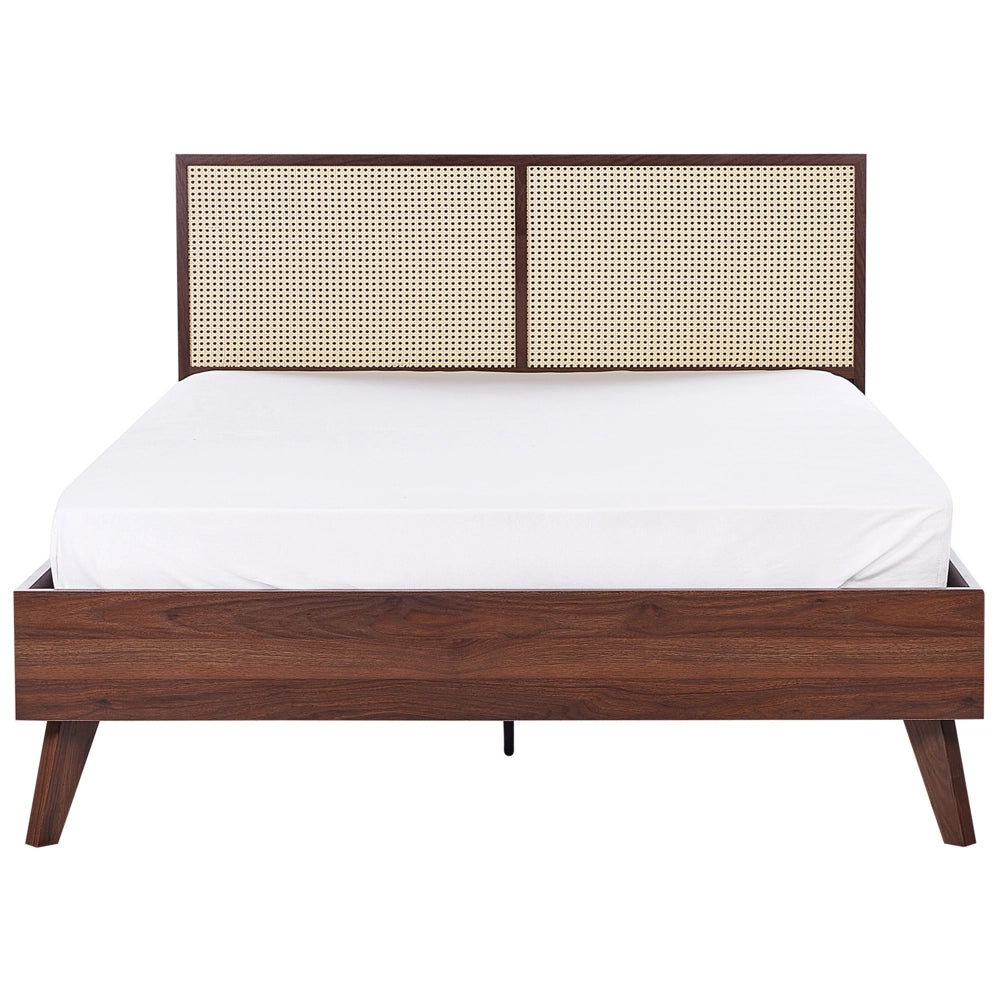 Letto matrimoniale legno di pioppo scuro con testiera in vimini 140 x 200 cm camera da letto moderna boho minimalista