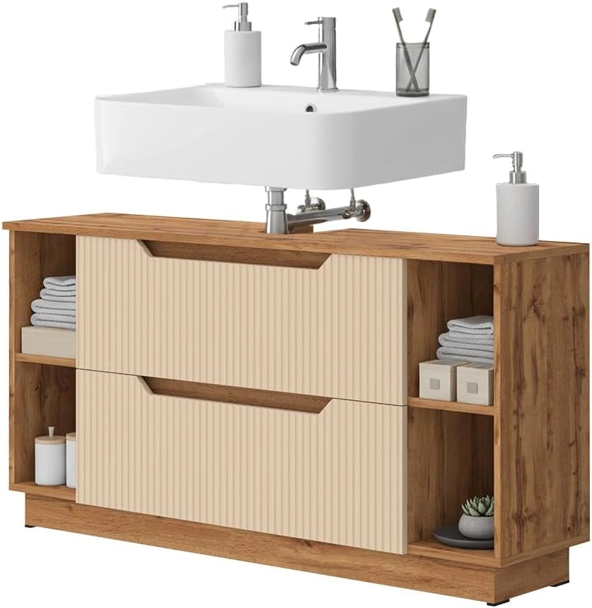 Mobile sottolavabo per bagno Lotta, Rovere/cashmere a righe, 119.2 x 62.5 cm con 2 cassetti