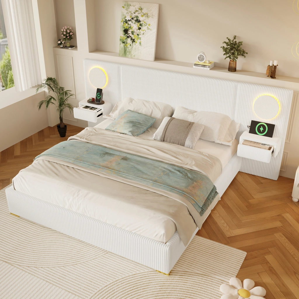 Letto Matrimoniale 180x200 cm con LED; USB e cassetti ai lati; in Velluto Beige