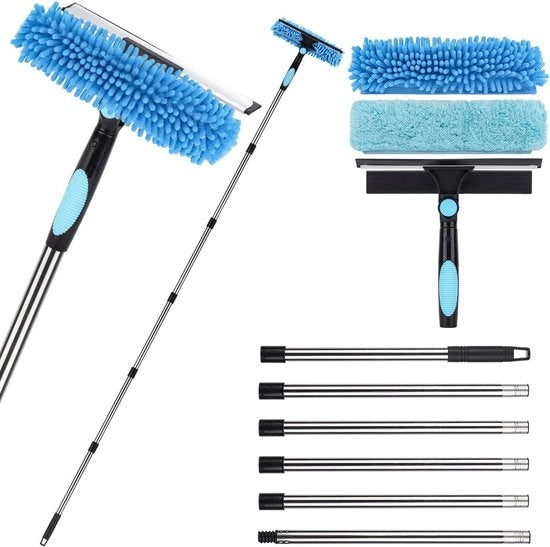 Kit di pulizia finestre 2-in-1 per alte finestre - Estensione telescopica 100 cm - Incluso asciugamano microfibra e raccogliere residui.