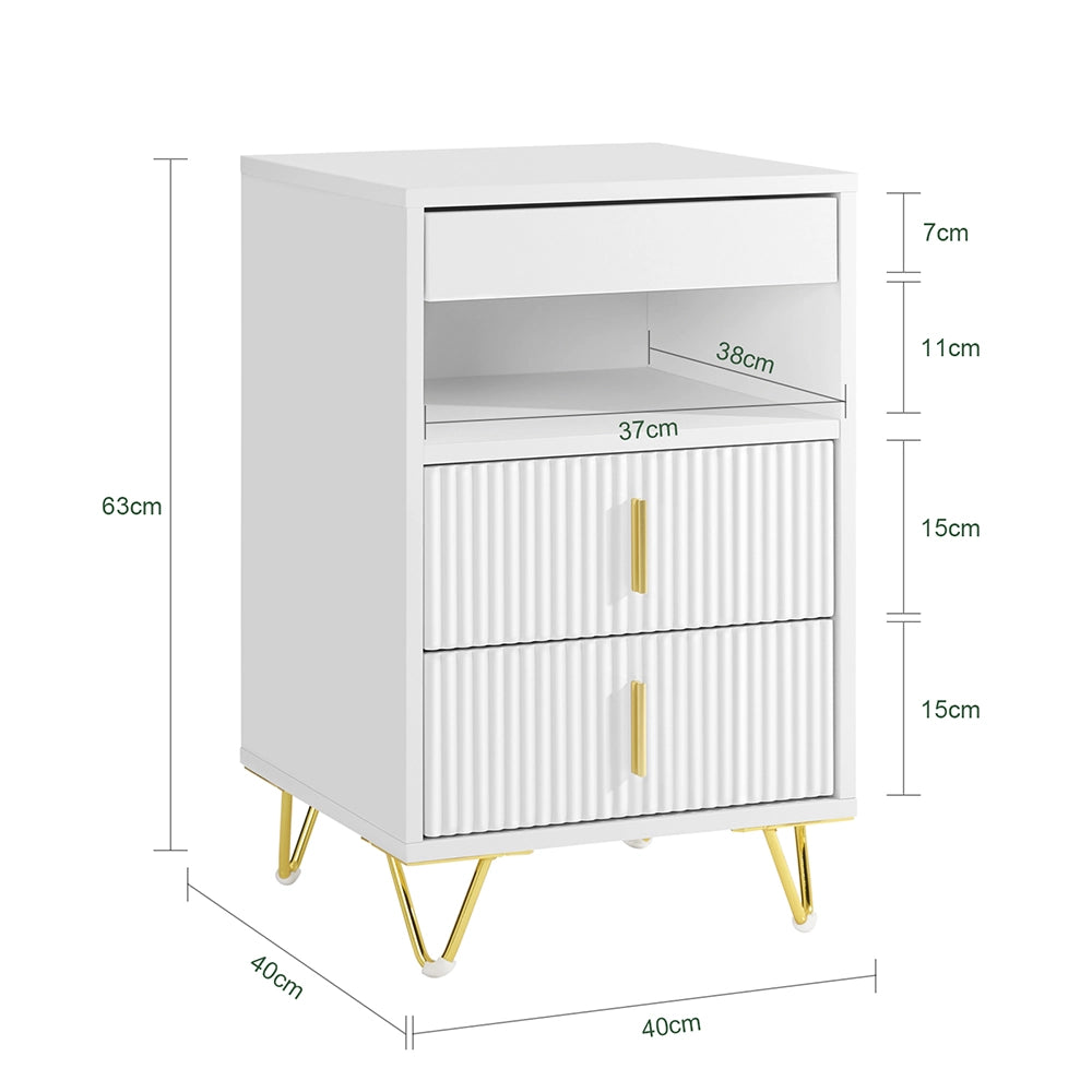 SoBuy Comodino, Comodino con 3 cassetti e ripiano, Tavolino moderno per camera da letto e soggiorno, Bianco L40 x P40 x A63 cm FBT168-W