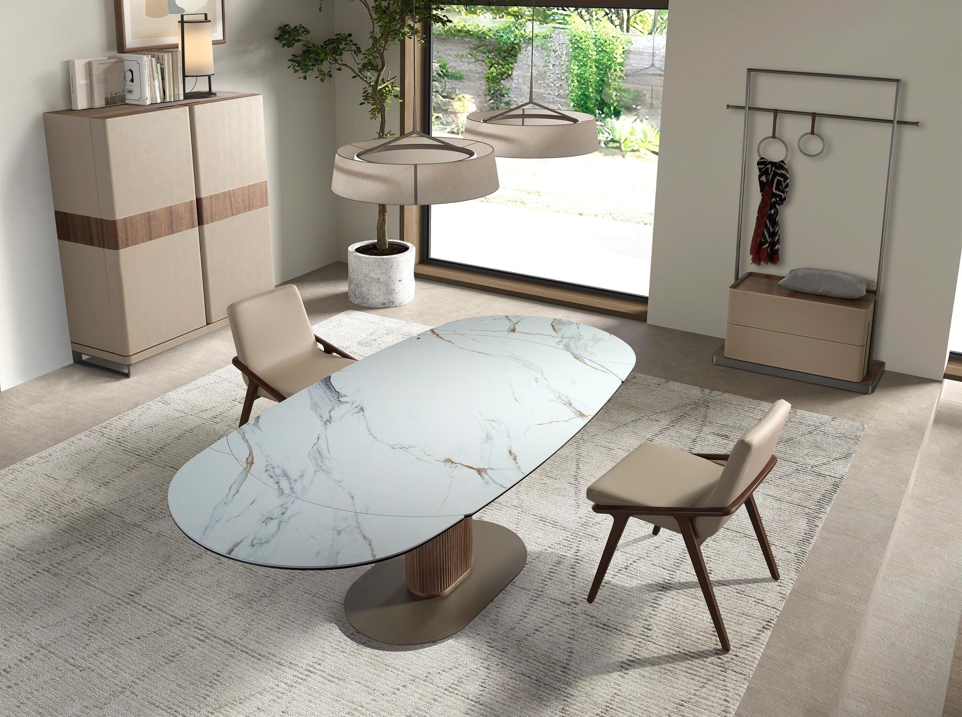 Credenza alta in pelle, noce e acciaio lucido