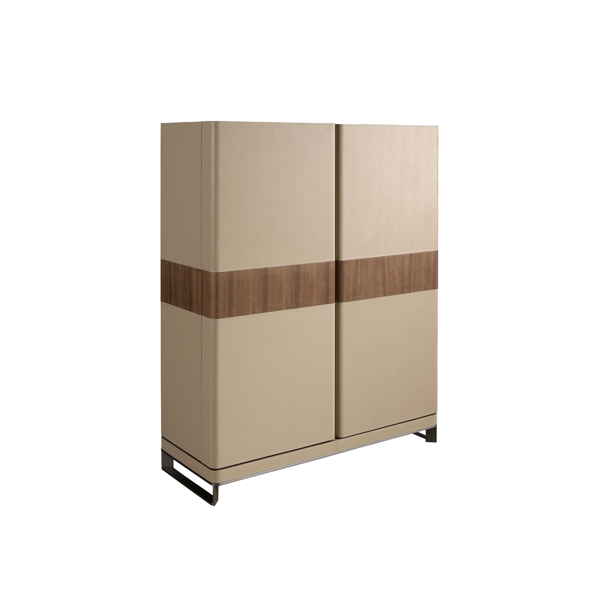 Credenza alta in pelle, noce e acciaio lucido
