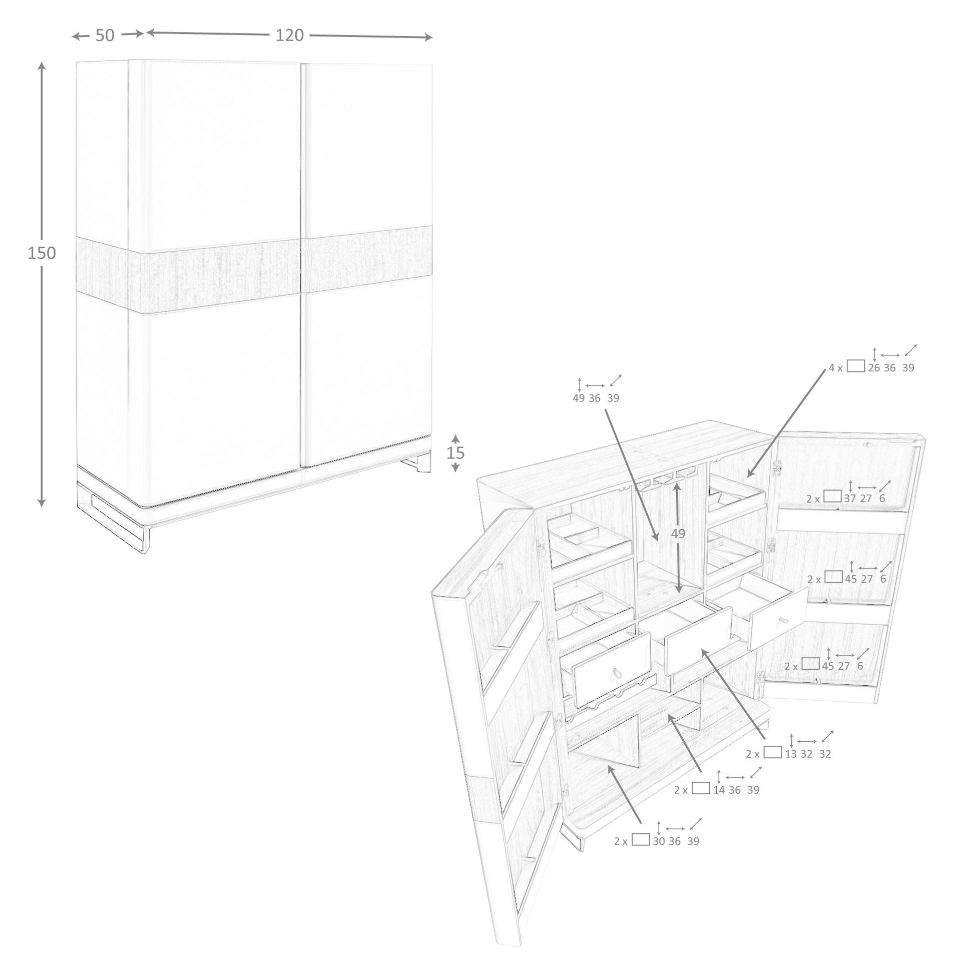 Credenza alta in pelle, noce e acciaio lucido