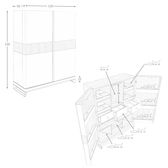 Credenza alta in pelle, noce e acciaio lucido