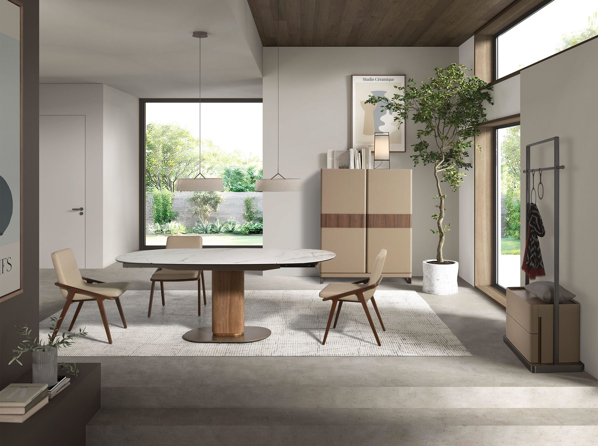 Credenza alta in pelle, noce e acciaio lucido