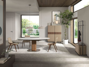 Credenza alta in pelle, noce e acciaio lucido