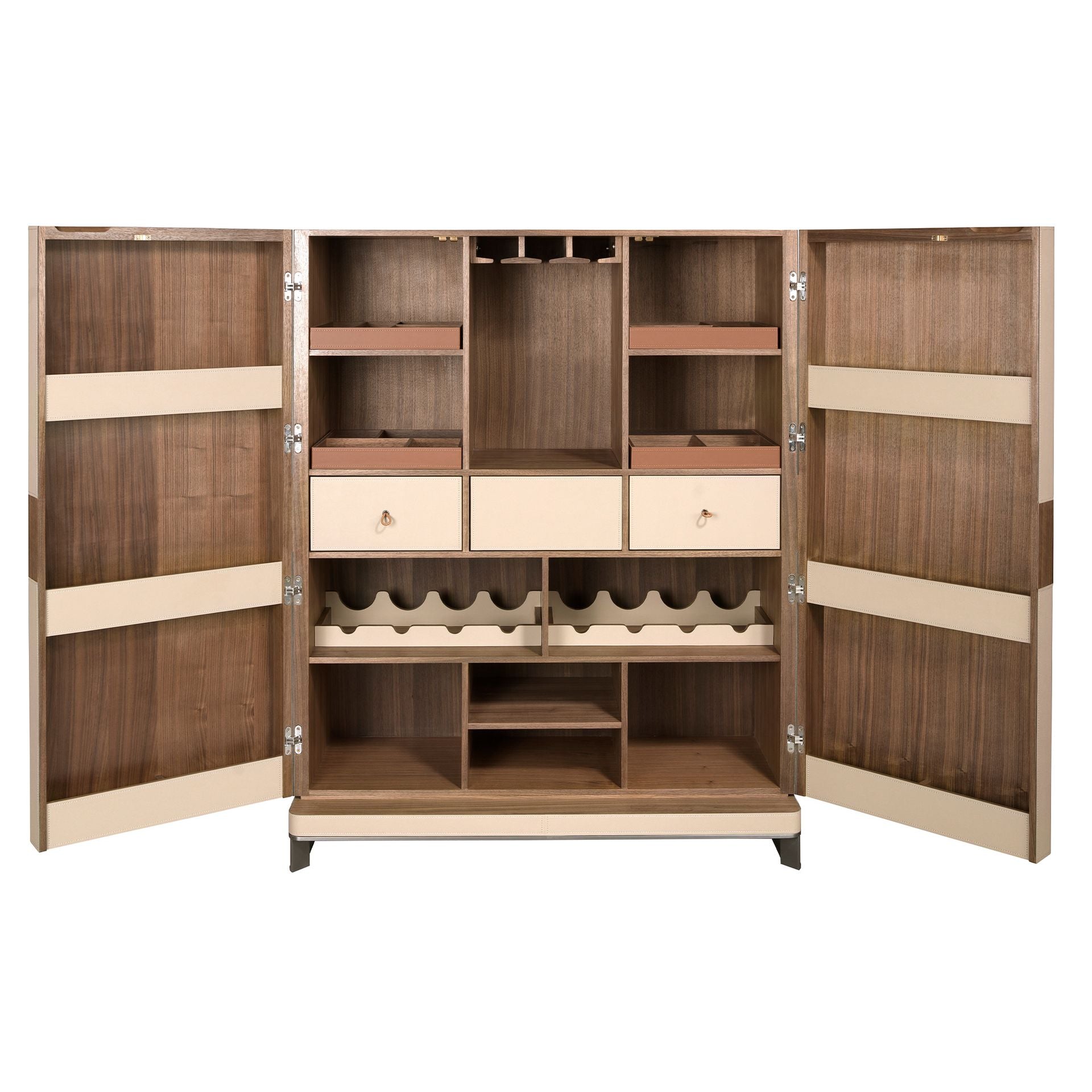 Credenza alta in pelle, noce e acciaio lucido