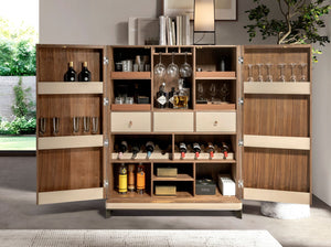 Credenza alta in pelle, noce e acciaio lucido