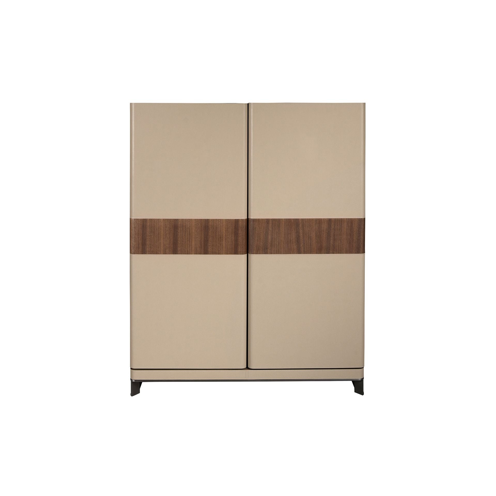Credenza alta in pelle, noce e acciaio lucido