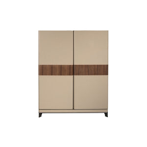 Credenza alta in pelle, noce e acciaio lucido