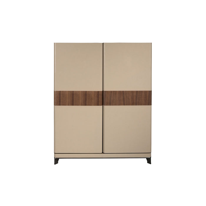 Credenza alta in pelle, noce e acciaio lucido